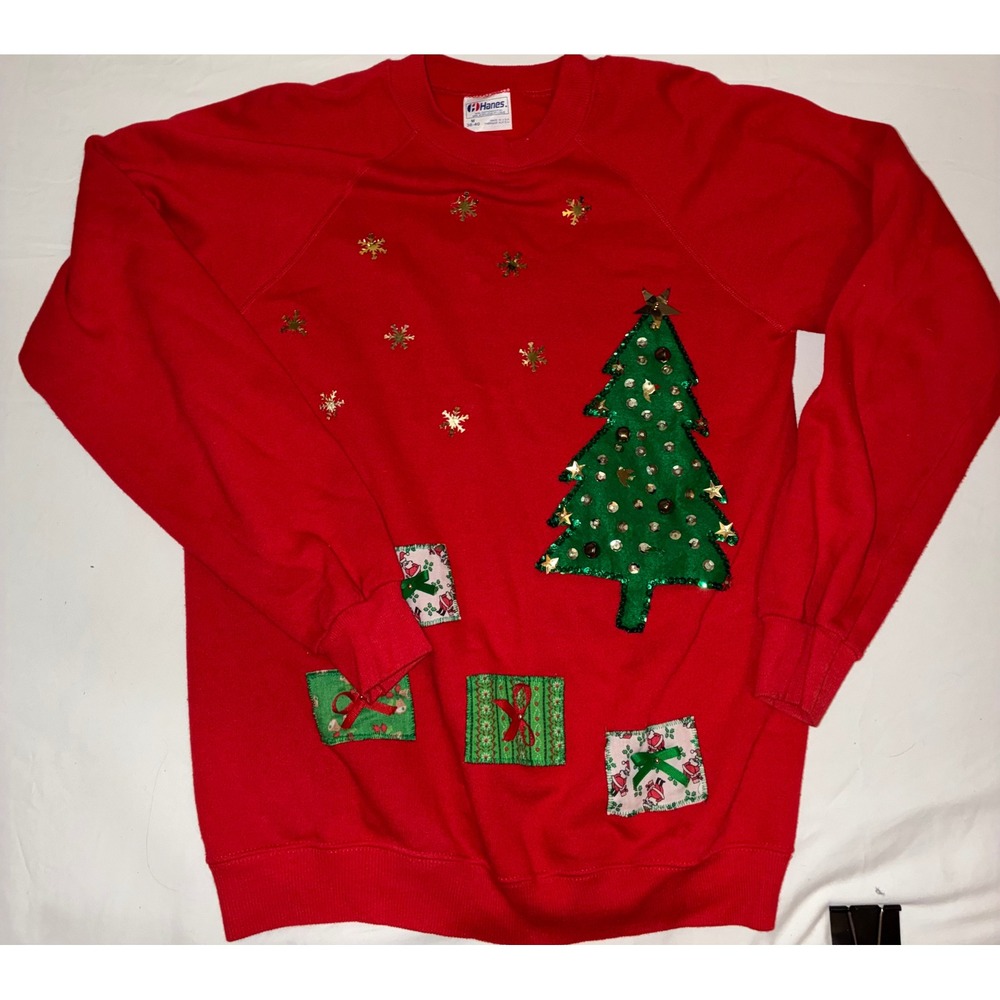 Vintage Hanes Christmas Tree Sweatshirt Red Ugly Holiday Pullover Medium USA